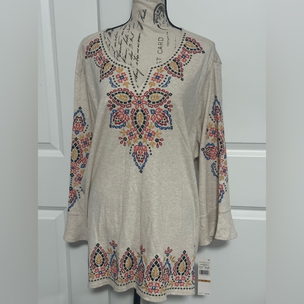 Alfred Dunner Cream Tunic with Colorful Embroidery - Picture 2 of 9